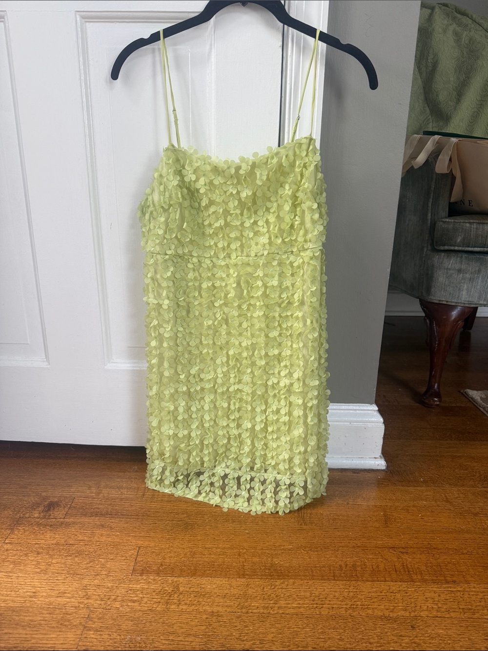 Anthropologie Lime Petal-Embellished Spaghetti Strap Mini Dress